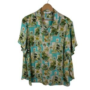 Rose‎ + Olive Tropical Palm Tree Hawaiian Button Up Shirt 1X Lightweight Resort